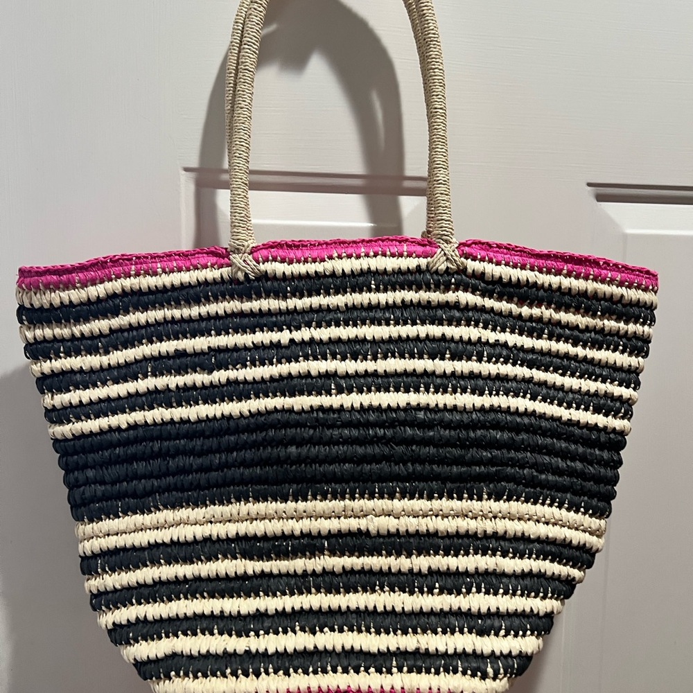Straw Studios Black and Cream Tote with Pink Accent
